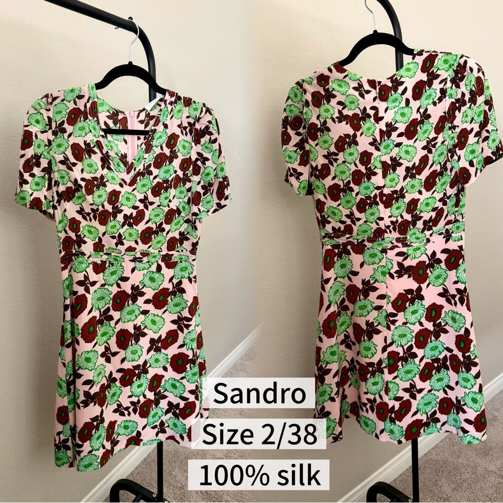 Sandro Pink and Green Floral Silk Dress